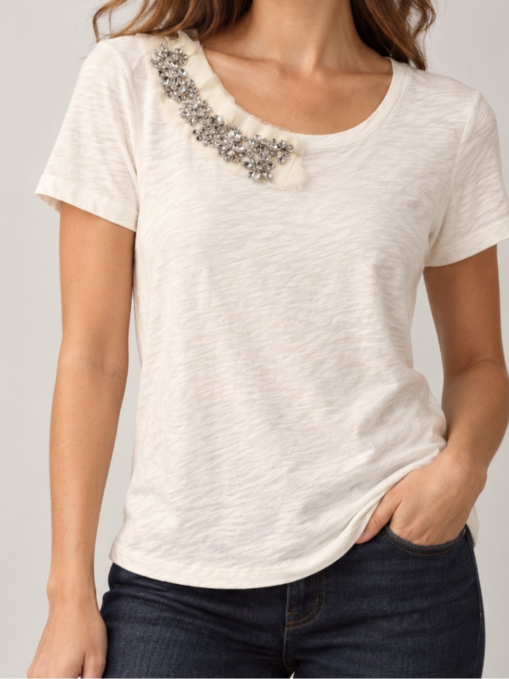J. Crew Ivory Short-Sleeve Tee with Beaded Applique